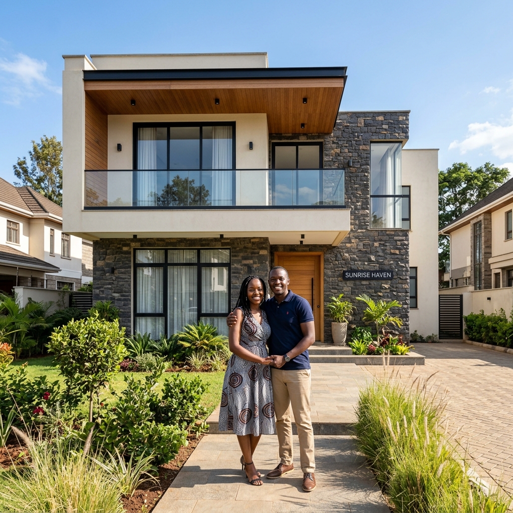 Ethiopian couple in front of a mortgage property